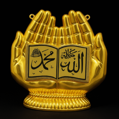 Golden Islamic Wall Decor – Hands with Allah & Muhammad (PBUH) Calligraphy