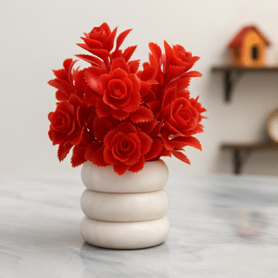 Bold Red Rose Bouquet in Stacked Ceramic Vase